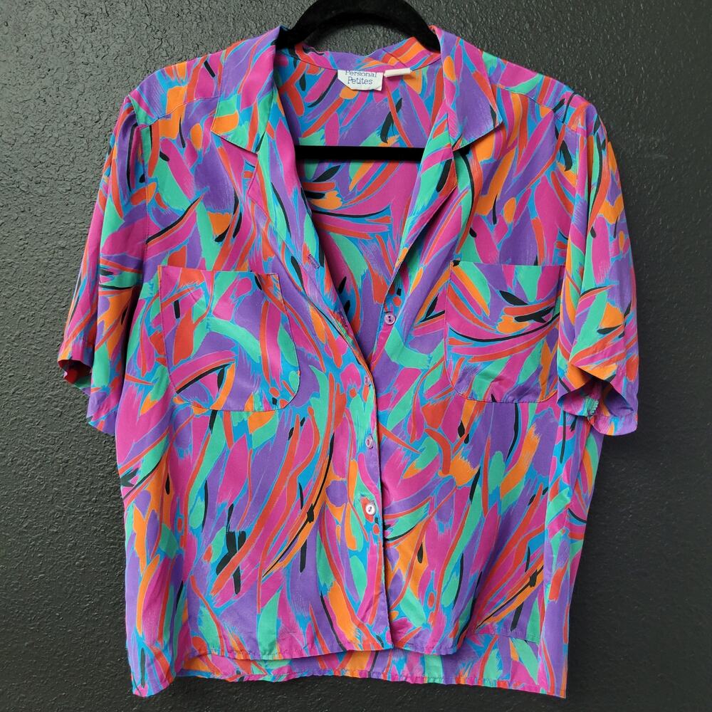 Vintage Personal Petites Neon Button Up Blouse Women’s 14 80s 90s Maximalist